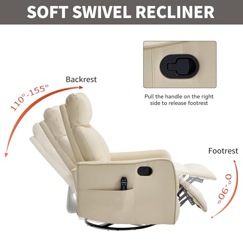 High Back Massage Recliner with Heat - Swivel Rocking Chair for Small Spaces, Manual Lazy Boy Recliner for Adults, Perfect for Living Room & Bedroom, Soft Fabric (Beige FL)