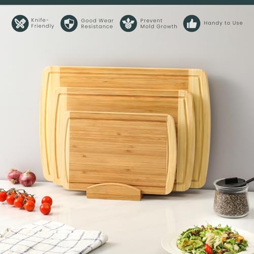 Hiware 3-Piece Extra Large Wooden Cutting Boards For Kitchen, Bamboo Cutting Board with Holder, Wood Cutting Board Set, Heavy Duty Chopping Board for Meat, Serving Tray Set- Two Tone HIWARE