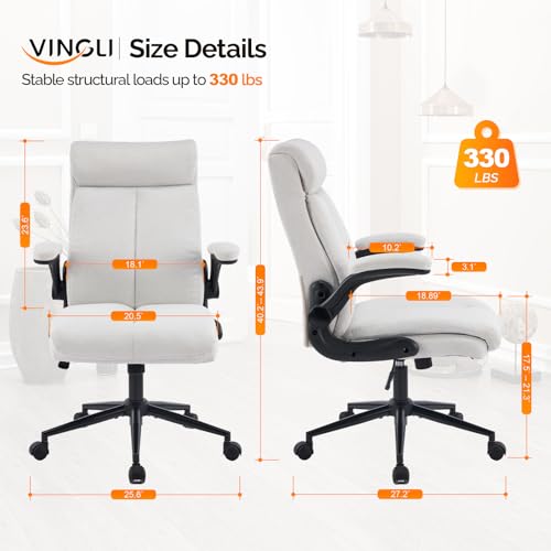 VINGLI Rolling Ergonomic Office Desk Chair with Padded Flip-up Arms, 360° Swivel High Back Executive Computer Chair with Wheels for Game,Home Small Space, Study Room, Reading Room, Linen Light Grey VINGLI