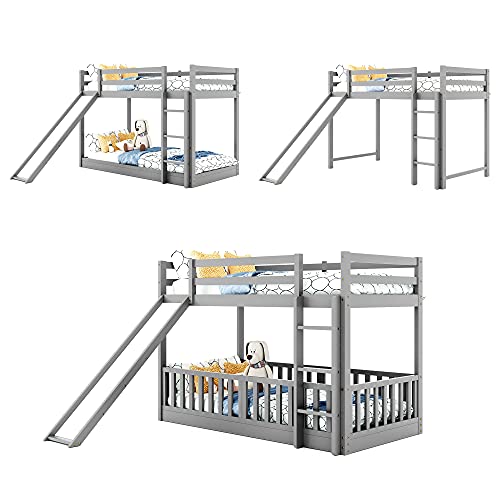 Bellemave Twin Over Twin Floor Bunk Bed with Slide and Ladder, Low Bunk Bed for Kids, Girls, Boys, Removable Fence, Gray Bellemave
