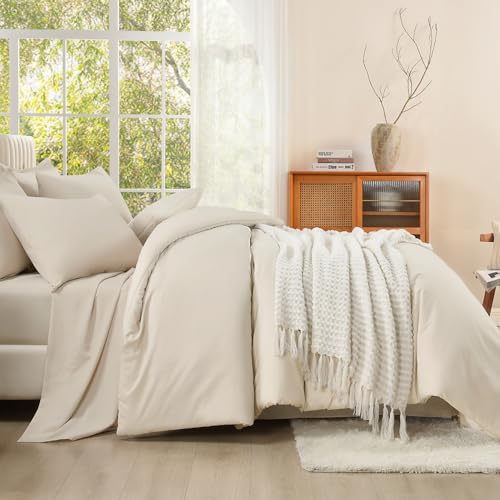 Litanika California King Comforter Set Beige - 7 Pieces Bed in a Bag Cal King Bedding Comforter Sets, Plain Lightweight Bed Set with Comforter, Sheets, Pillowcases & Shams Litanika