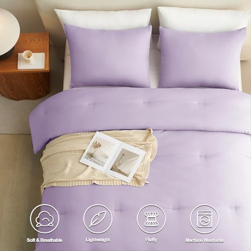 CozyLux Lavender Full Size Comforter Set, 3 Pieces Light Purple Solid Breathable Quilted Boho Bedding Sets, Luxury Fluffy Soft Bed Set with Down Alternative Comforter and 2 Pillowcases for All Season CozyLux