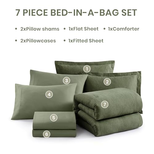 Monbix King Size Comforter Set, Olive Green King Bed Set Reversible, King Size Comforter Set 7 Pieces, Cationic Dyeing Bed in a Bag with Comforter, Sheets, Pillowcases & Shams Monbix