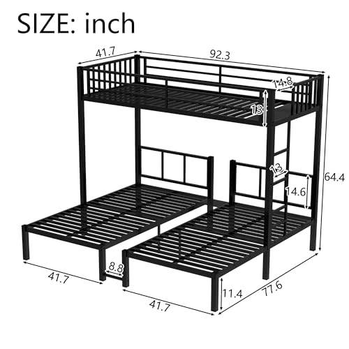 Bellemave Metal Twin Over Twin Over Twin Bunk Beds for 3 Kids, Heavy Duty Triple Bunk Bed Frame with Built-in Desk,3 Bed Bunk Beds,Twin Size Triple Bed,Detachable,Black Bellemave