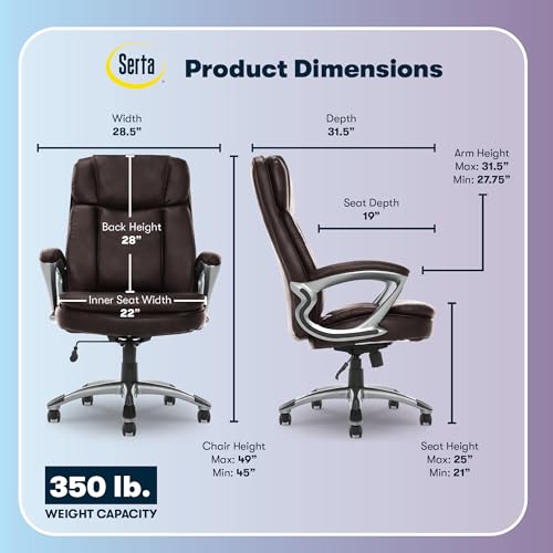 Serta Fairbanks Big & Tall Executive Office Chair, Ergonomic Comfy High-Back ComputerChairs with Lumbar Support, Semi-Plush Seat Cushion, Padded Armrests, Nylon Swivel Base, Bonded Leather, Brown Serta