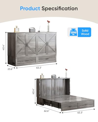 ADOWORE Queen Size Murphy Bed with Large Storage Drawer & Charging Station, Hideaway Full Foldable Platform Bed for Home Office or Guest Bedroom, Living Room,Grey ADOWORE