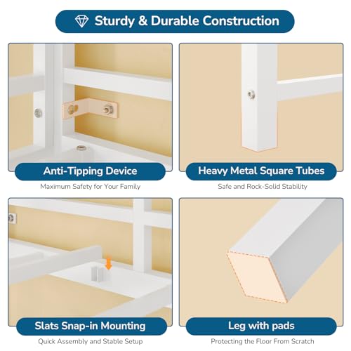 Twin Loft Bed with L-Shaped Desk, 7 Storage Drawers, Metal Loft Bed Twin Size with LED Lights and Charging Station, Storage Shelf and Pegboard, Safety Guardrail and Ladder, No Box Spring Needed, White mojiasion