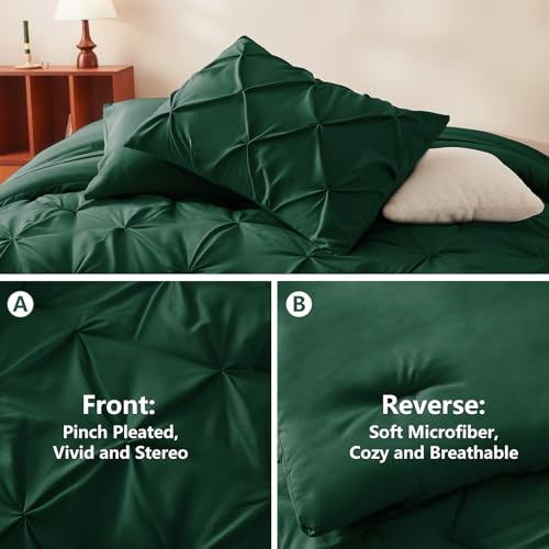 CozyLux King Size Comforter Set Emerald Green, 7 Pieces Pintuck Bed in A Bag Green Comforter King Size, Pinch Pleat Bedding Set with All Season Comforter, Sheets, Pillowcases & Shams CozyLux