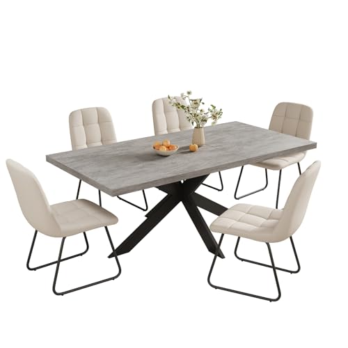 ZckyCine 6-8 Person Modern Rectangular Dining Table Set with 6 Chairs, Expandable Kitchen Table (51 to 63 Inches), Space-Saving Design, Metal Frame, Gray Tabletop & White PU Leather Chairs ZckyCine