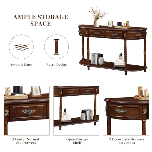 HMFULE Retro Curved Console Table, 52" Half Moon Console Table Sofa Table Entryway Table with 2 Drawers 1 Open Shelf Solid Pine Legs for Living Room,Entryway,Hallway,Cherry HMFULE