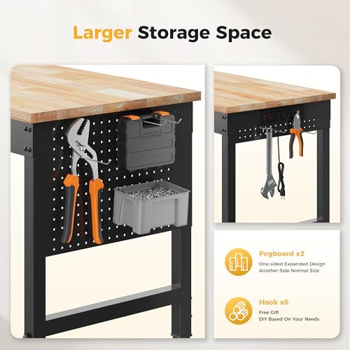 CAMMOO 96" Adjustable Heavy Duty Workbench, 2000 LBS Load Capacity Rubber Wood Work Table with Pegboard, Power Outlets, Work Bench for Garage, Workshop, Office, Home, Commercial, Ships in 2 Boxes CAMMOO