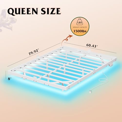 WLIVE Floating Queen Bed Frame, 1500Lbs Heavy Duty Metal Platform with LED Light and Charging Station, No Box Spring Needed, Easy Assembly, No Noise, Queen Size, Black, White WLIVE