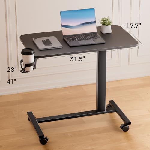 GTPLAYER Small Standing Desk with Hidden Wheels, Pneumatic Mobile Rolling Laptop Desk, Adjustable Height Overbed Bedside Table Computer Workstation for Home Office (32" W x 16" D, Black) GTPLAYER