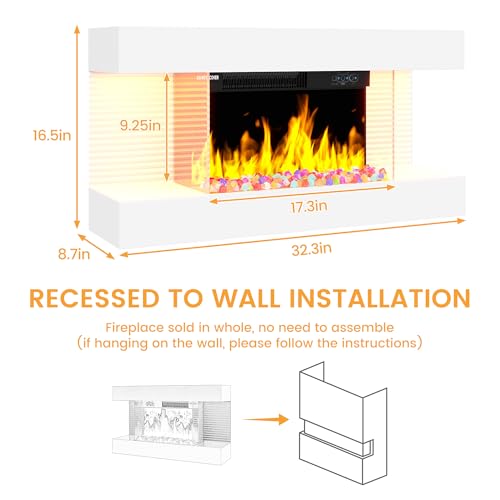 COCO DESIGN 32-Inch Floating Mantel with 18 Inch Wall Mounted Electric Fireplace, All-in-One Fireplace with Colored Crystal Stone, Multi Ambient Light Colors with Remote, 1500W Heater, White COCO DESIGN
