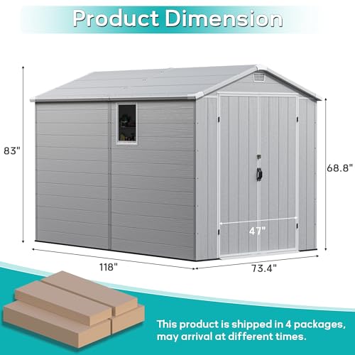 Greesum 6×10FT Plastic Outdoor Storage Shed with Floor, Resin Storaged Sheds with Lockable Double Door, Windows & Vents, All-Weather Tool Sheds for Garden, Backyard, Patio, Light Gray Greesum