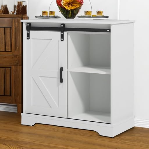 Panana Sliding Barn Door Buffet Sideboard Storage Cabinet Coffee Bar Kitchen Farmhouse Style (White) Panana