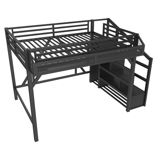 Bellemave Full Loft Beds with Storage Beside Shelves and Wardrobe, Metal Loft Bed with LED Lights and USB Ports, Heavy-Duty Loft Bed Frame for Teens, Adults, Noise-Free & Space-Saving, Black Bellemave