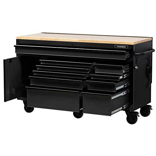 Husky 61 in. W 23 in. D 10-Drawer 1-Door Mobile Workbench with Solid Wood Top and Flip-Up Pegboard in Textured Black HuskyTool