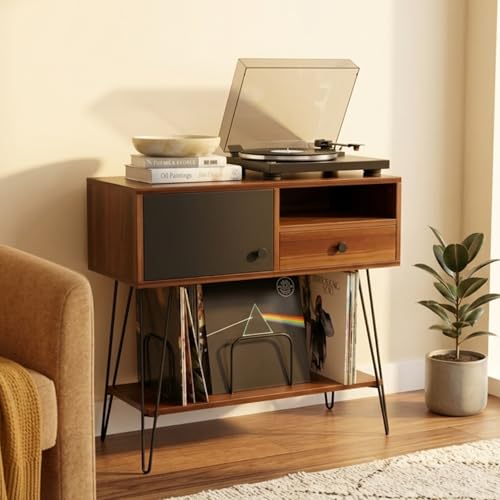 Large Mid Century Modern Record Player Stand with Vinyl Storage Holds Up to 200 Albums - Walnut Console Table for Turntables, Living Room, and Entryway | Record Player Table MAISON LEON