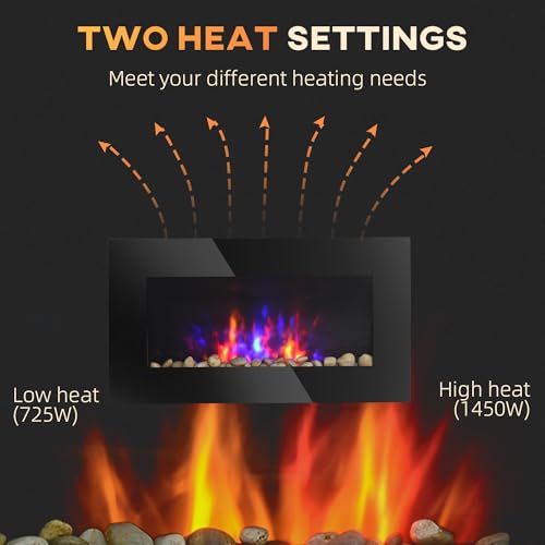 HOMCOM 29" Electric Fireplace, Wall Mounted Fireplace with 7 Adjustable LED Flame Colors, Remote Control, Fireplace Heater for Living Room, 1450W, Black HOMCOM