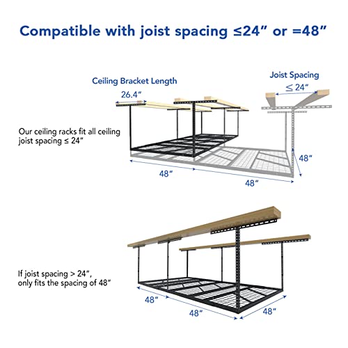 FLEXIMOUNTS Pro 4x8 Overhead Garage Storage Rack,Adjustable Garage Storage Organization Systerm,Heavy Duty Metal Garage Ceiling Storage Racks,800lbs Weight Capacity,Black FLEXIMOUNTS