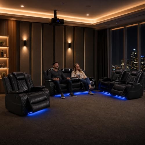Power Reclining Sectional Sofa for Living Room, 3 Pieces Leather Recliner Sofa Set with USB Ports, LED Light, Wireless Charger & Storage Console, Living Room Furniture Sets with Home Theater Seating