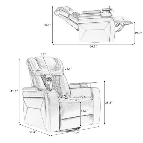 270 Degree Swivel PU Leather Power Recliner Individual Seat Home Theater Recliner with Comforable Backrest, Tray Table, Phone Holder, Cup Holder, USB Port, Hidden Arm Storage for Living Room, White