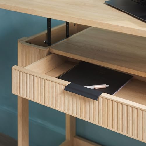 Walker Edison Transitional Style Furniture, Reeded Detail, Lift-Top Desk with Drawer and Storage Cubby, Sitting to Standing Desk, Soft Self-Close Desktop, 38”W x 16.75”D x 30”H, Coastal Oak Walker Edison