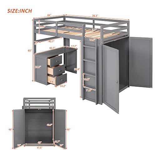 Merax Twin Size Loft Bed with Storage Drawers, Desk and Wardrobe, Wooden Loft Bed Frame with Guardrails, No Box Spring Needed, Gray Merax