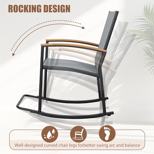 Shintenchi 3 Piece Outdoor Rocking Bistro Set, Textilene Fabric Small Patio Furniture Set, Front Porch Rocker Chairs Conversation Set with Table for Lawn, Garden, Balcony, Poolside (Light Gray) Shintenchi