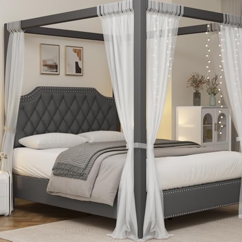 GarveeHome Upholstered Canopy Bed Frame Queen Size with Headboard, Button Tufted, Nailhead Trim Design, No Box Spring Required, Dark Grey(Shipped in 2 Boxes)