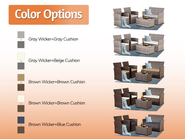 Seogwisam 4 Piece Patio Furniture Set,Outdoor Wicker Conversation Sets,Rattan Sectional Sofa w/Coffee Table,Seat Cushions for Backyard Porch Garden Poolside (Gray/Blue) Seogwisam