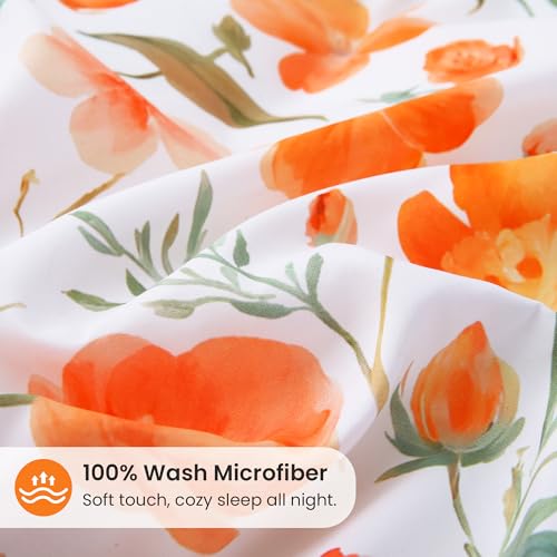 Mooreeke Floral Duvet Cover Queen Size, 3 Piece Orange Flower Duvet Cover Set with Zipper Closure, Soft & Breathable Microfiber Botanical Patterns Bedding Set with 4 Corner Ties and 2 Pillow Shams Mooreeke