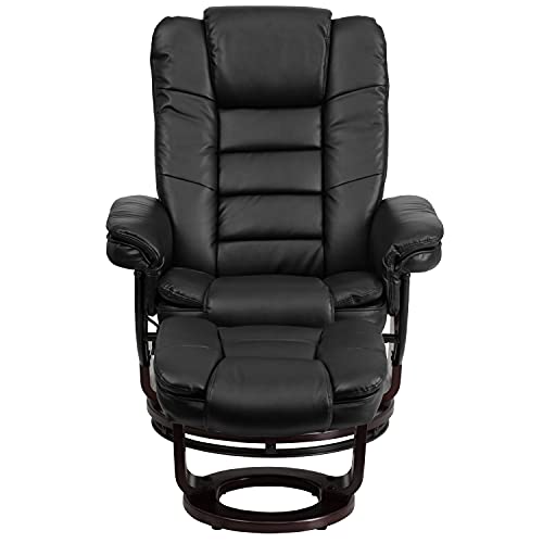 Flash Furniture Bali Contemporary Multi-Position LeatherSoft Recliner Chair with Ottoman, 360-Degree Swivel Recliner Chair and Ottoman Set, Black Flash Furniture