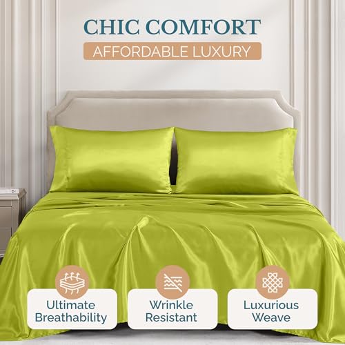 Casa Platino Queen Size Satin Sheets - Smooth Satin Sheets Queen, Cooling Fabric with 15 Inch Deep Pocket Sheet, Lightweight and Breathable, Makes for a Great Nights Sleep- Vibrant Lime Green Casa Platino