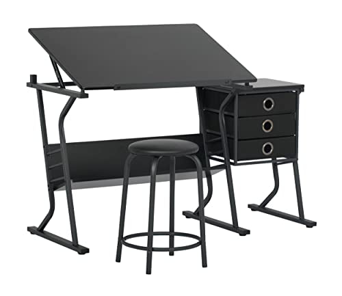 SD Studio Designs 2 Piece Eclipse Ultra Center/Drawing Table with Stool, Angle Adjustable Top, Storage Shelves, and Drawers SD STUDIO DESIGNS