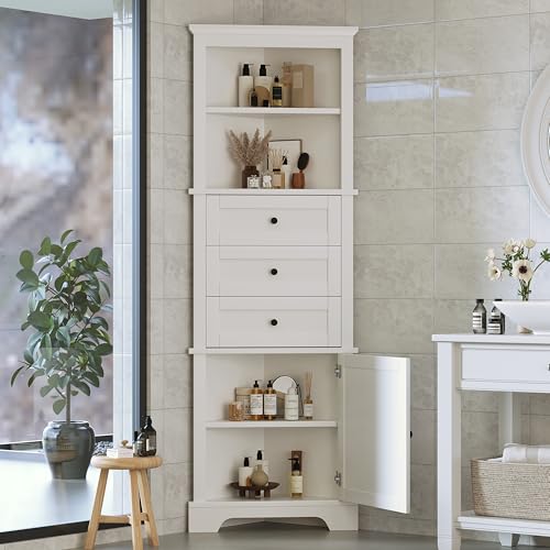 Merax 69" H Tall Corner Cabinet with Adjustable Shelves and Drawers, Storage Bookshelf Space Saver for Bathroom or Kitchen, White Merax