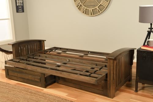 Kodiak Furniture Washington Full Size Futon Frame with Storage Drawers, Rustic Walnut Hardwood Frame Only, Convertible Couch Base for Living Room and Porch Kodiak Furniture