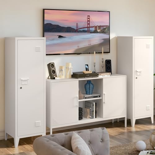 Epochsteele Metal Locker Storage Cabinet Locking Storage Cabinet with Door and Removable Shelves Narrow Storage Cabinet for Kitchen Pantry Bathroom (White) Epochsteele