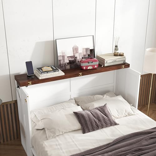DaiNNCN Cabinet Murphy Bed with Storage Drawer and Charging Station,Cube Foldable Platform Bed,Space-Saving for Living Room,No Box Spring Needed,Queen Size,White+Walnut DaiNNCN