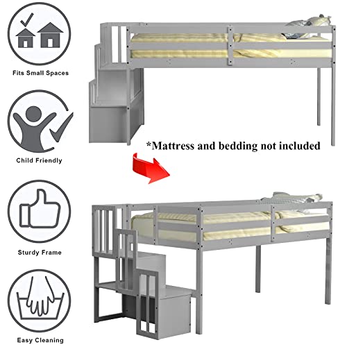 CITYLIGHT Twin Size Low Loft Bed for Kids, Low Loft Bed Wood with Stairs and Storage for Girls, Boys, Wood Slat Support, Gray CITYLIGHT