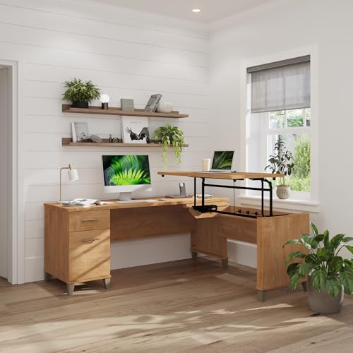 Bush Furniture Somerset 72W 3 Position Sit to Stand Adjustable Standing L Shaped Desk in Maple Cross, Ergonomic Corner Computer Office Table Bush Home