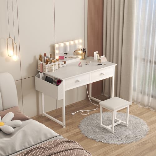 KAI-ROAD White Makeup Vanity Desk with Chair no Mirror, Small Vanity Table with Fabric Drawers, Power Outlet & Stool Without Mirror, Modern Make Up Desk Set for Bedroom KAI-ROAD