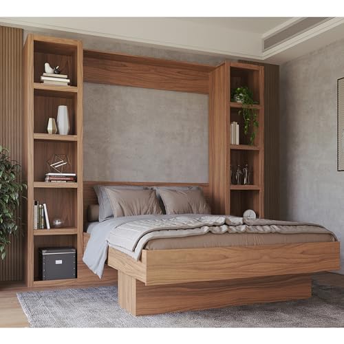 Oakland Living Easy-Lift Queen Murphy Wall Bed in Brown Wood Grain with Two Bookshelves Oakland Living
