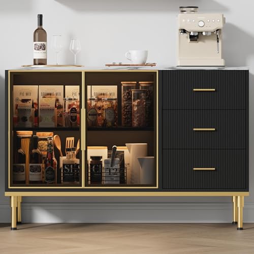 GAOMON Buffet Sideboard Cabinet with Storage, 46.4" Large Fluted Kitchen Sideboard Cabinet with 2 Glass Doors 3 Drawers and Shelves, Faux Marble Top Buffet Table for Dining Room, Living Room, Black GAOMON
