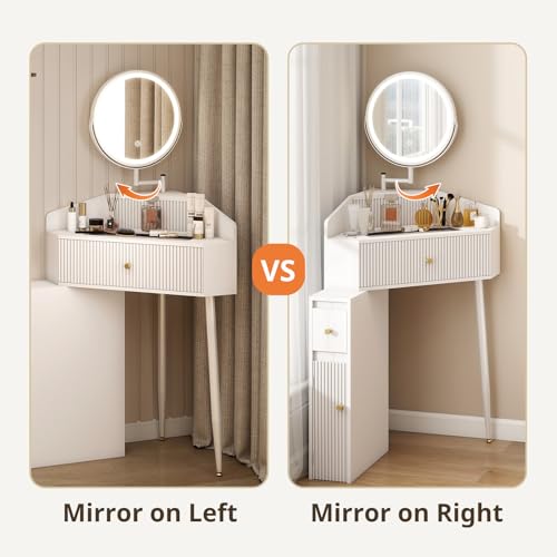 ARTETHYS Corner Vanity Desk with Retractable and Rotating Mirror and Lights Small Modern White Makeup Vanity Set with Glass Top for Women Compact Girls Dressing Table with Drawer for Small Space ARTETHYS