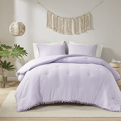 Codi Lavender Purple Full/Queen Comforter Set - Boho Aesthetic Bedding with Luxurious Pom Fringe, Soft Washed Microfiber 3pc Set, Couple-Friendly Lightweight Design, 1 Comforter & 2 Pillow Shams Codi