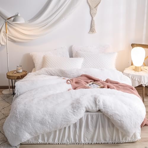 HAIHUA Faux Fur White Comforter Cover Twin Set, Fuzzy White Twin Bedding Set 2 Pieces (1 Fluffy Duvet Cover + 1 Plush Plush Pillow Cases) Furry Bed Set, Fluffy Bed Set, Zipper Closure HAIHUA