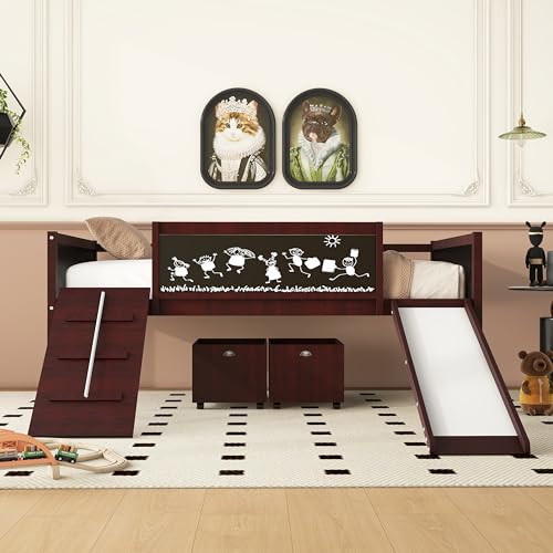Twin Size Low Loft Bed with Slide and 2 Storage Boxes,Kids Low Loft Bed Frame with Climbing and Chalkboard,Solid Loft Bed Twin for Boys,Girls,Espresso Bellemave
