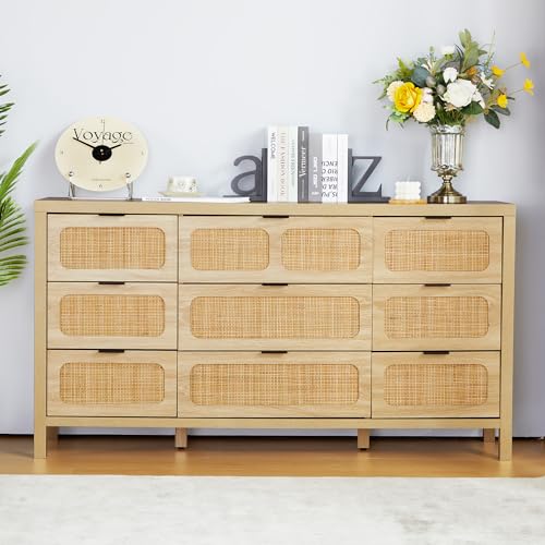 LEVNARY 9 Drawer Dresser for Bedroom, Rattan Dressers & Chest of Drawers, Large 58" Long Dressers Wooden Storage Organizer Dresser for Closet, Entryway, Living Room (Natural) LEVNARY